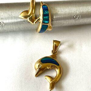 14K YELLOW SOLID GOLD BLUE OPAL DOLPHIN WRAP RING PENDANT Sea Ocean Coast